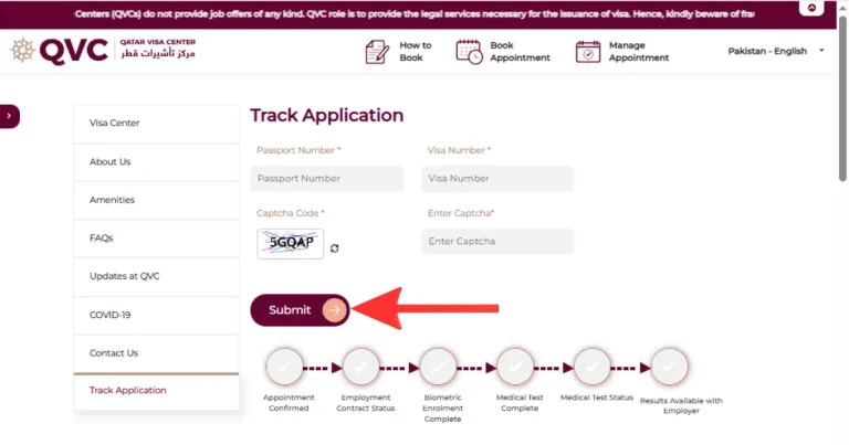 Image Details
Alt Text:
A screenshot of the Qatar Visa Center (QVC) "Track Application" page, showing the final submission step with a red arrow pointing to the Submit button to Check Qatar ID Expiry Date or visa status.