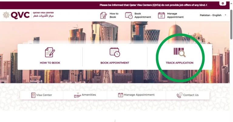 A screenshot of the Qatar Visa Center (QVC) home menu, featuring a green circle around the TRACK APPLICATION option to help users Check Qatar ID Expiry Date or monitor their visa progress.