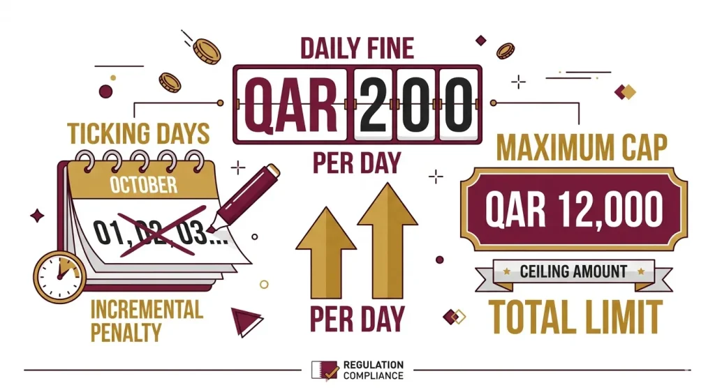 A professional financial infographic in a maroon and gold color palette on a white background, displaying a daily fine counter of QAR 200 with upward arrows, an October calendar labeled 'Ticking Days' showing an incremental penalty, and a framed maximum cap section labeled 'QAR 12,000 Total Limit'.
