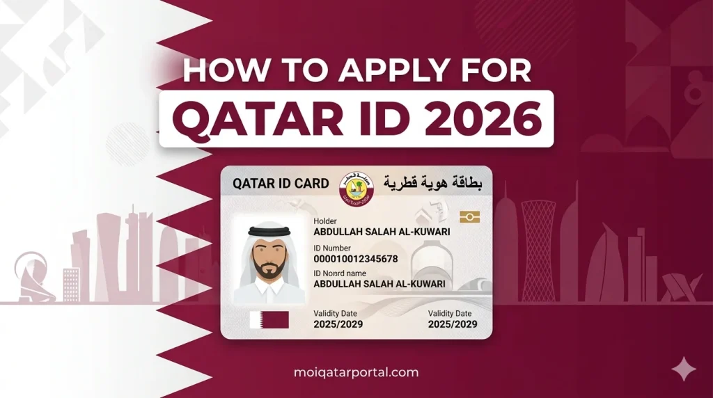 A professional infographic banner for Qatar ID application 2026, featuring a QID card in the center against the maroon and white Qatar flag background with a subtle Doha skyline silhouette and the text 'How to Apply for Qatar ID 2026'.