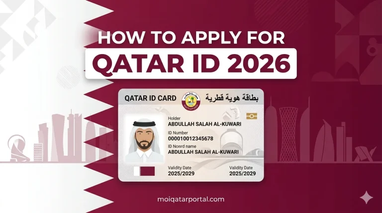 A professional infographic banner for Qatar ID application 2026, featuring a QID card in the center against the maroon and white Qatar flag background with a subtle Doha skyline silhouette and the text 'How to Apply for Qatar ID 2026'.