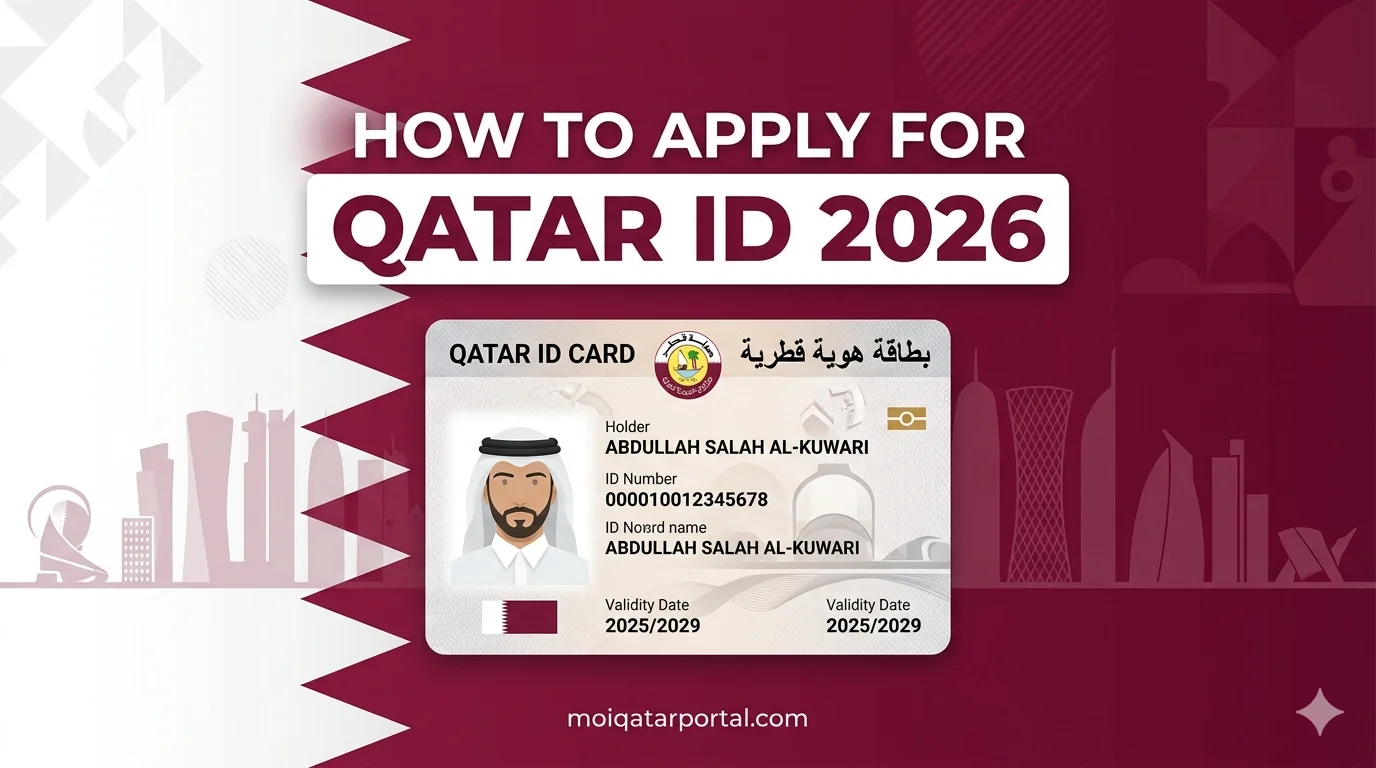 A professional infographic banner for Qatar ID application 2026, featuring a QID card in the center against the maroon and white Qatar flag background with a subtle Doha skyline silhouette and the text 'How to Apply for Qatar ID 2026'.