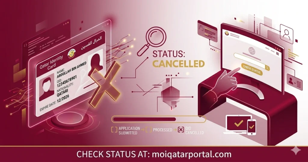 An infographic for qatar id cancelled in the official maroon and white colors of the Qatar Ministry of Interior (MOI) showing a digital Qatar Identity Card (QID) marked with a large "X" and the text "STATUS: CANCELLED." The image features a computer screen being used to check status and a footer that reads "CHECK STATUS AT: moiqatarportal.com."
