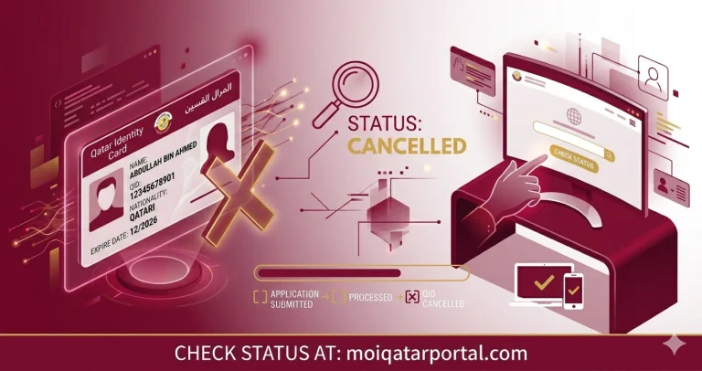 An infographic for qatar id cancelled in the official maroon and white colors of the Qatar Ministry of Interior (MOI) showing a digital Qatar Identity Card (QID) marked with a large "X" and the text "STATUS: CANCELLED." The image features a computer screen being used to check status and a footer that reads "CHECK STATUS AT: moiqatarportal.com."