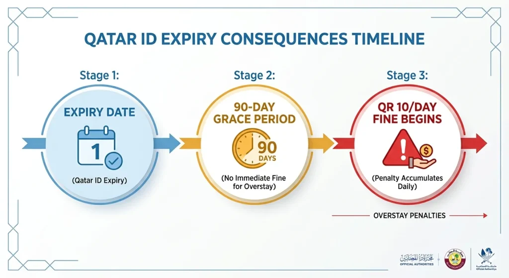 A clean, three-stage horizontal infographic titled "Qatar ID Expiry Consequences Timeline" showing the progression from ID expiry to daily fines on a white background with a blue geometric border.