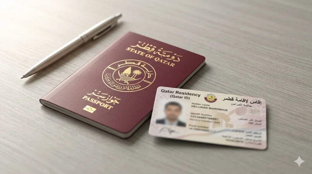 A professional editorial photograph of a maroon Qatar passport and a Qatar Residency Card (QID) placed on a light gray wooden desk alongside a silver pen. Qatar ID Expired Fine