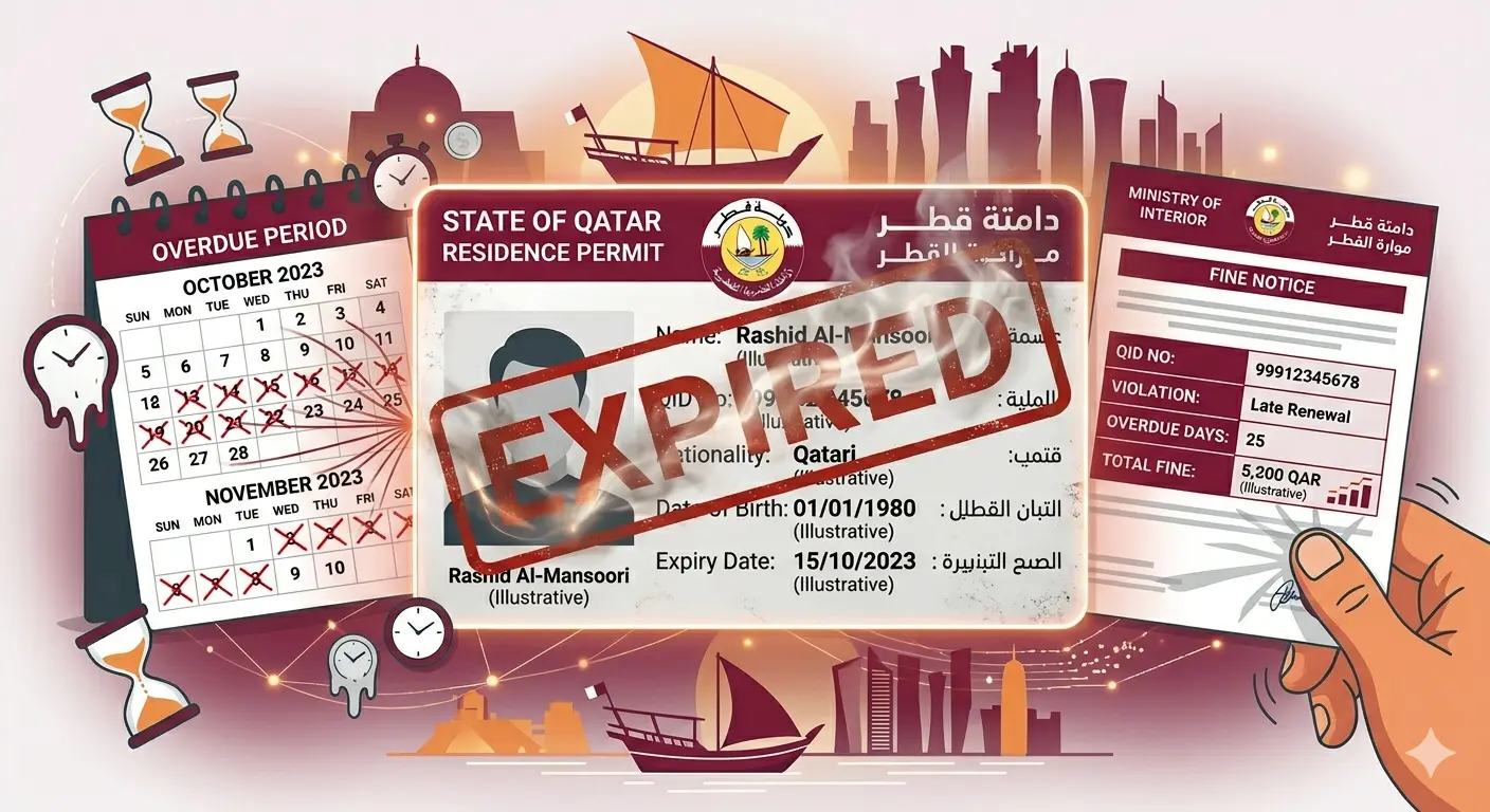Qatar ID Overstay Fine An engaging infographic illustration of an expired Qatar Residence Permit (QID) card with a prominent red 'Qatar ID Overstay Fine: STATUS - PENALTY APPLIED' stamp, a calendar showing overdue days, and an official Ministry of Interior fine notice document highlighting late renewal penalties.