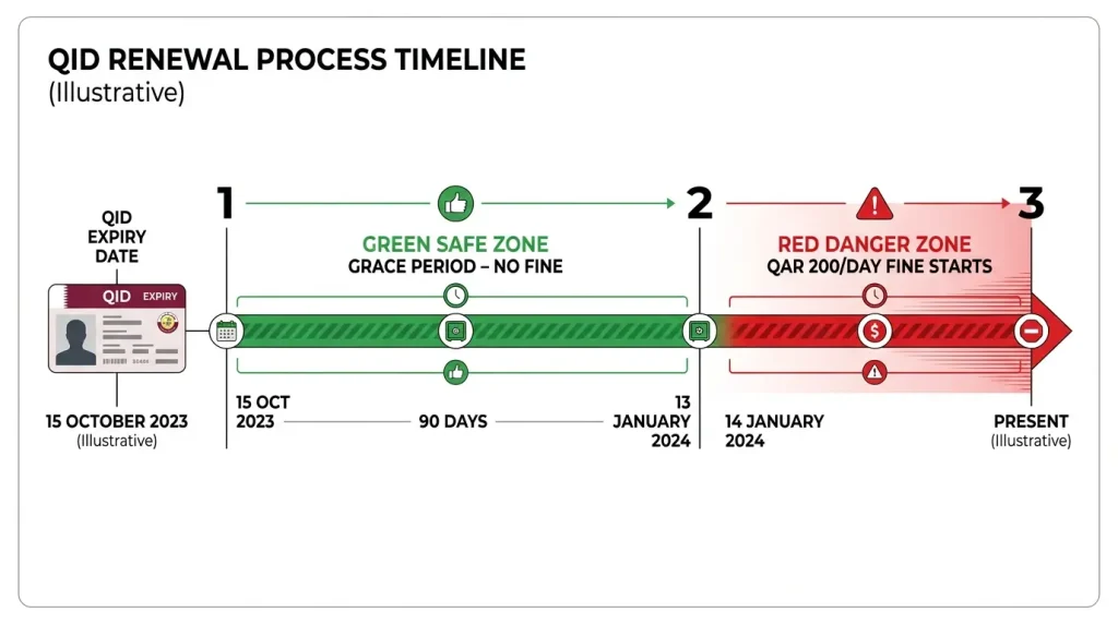 A horizontal timeline infographic titled 'QID RENEWAL PROCESS TIMELINE' on a white background. It begins with a Qatar ID card icon marking the expiry date, followed by a long green segment labeled 'GREEN SAFE ZONE GRACE PERIOD - NO FINE' spanning 90 days, which transitions into a red hatched segment labeled 'RED DANGER ZONE QAR 200/DAY FINE STARTS' with warning icons.