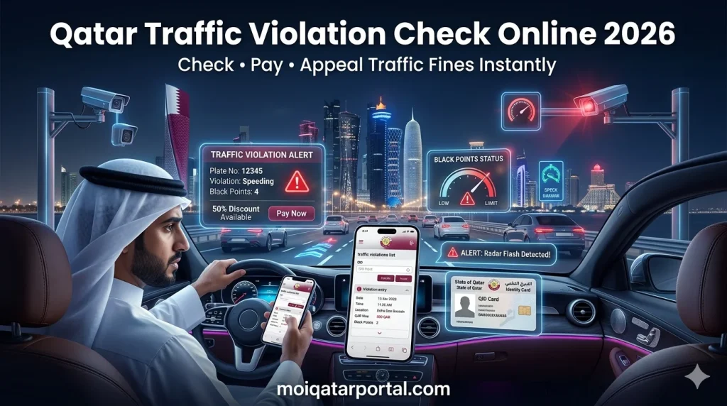 A multi-panel futuristic infographic titled "Qatar Traffic Violation Check Online 2026," featuring a three-step guide (Check, Pay, and Appeal) with illustrations of Qatari men using advanced holographic and mobile technology.