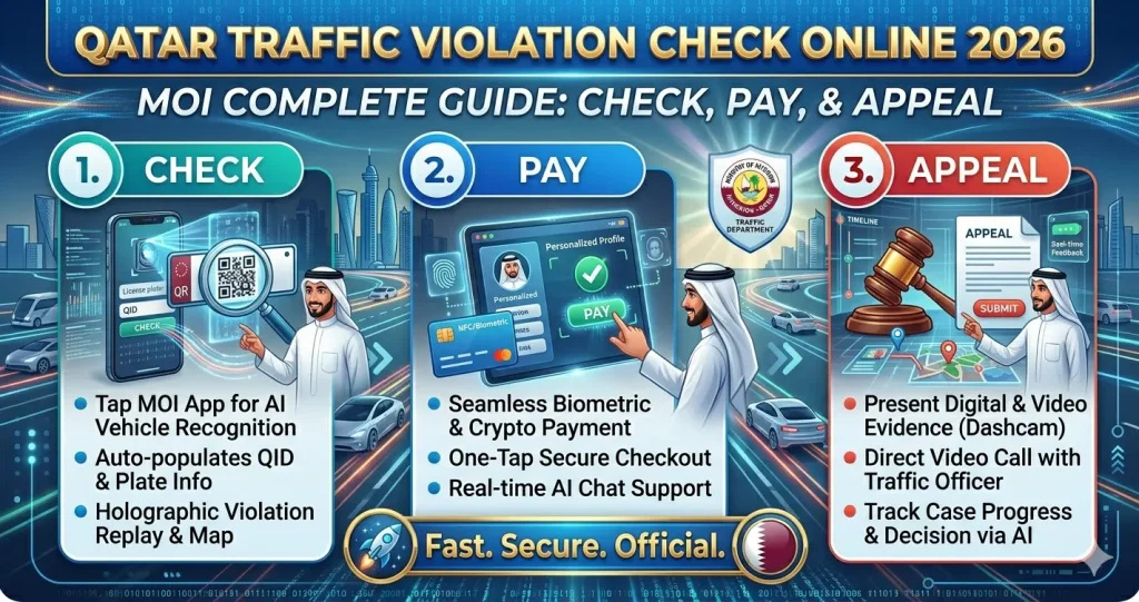 A multi-panel futuristic infographic titled "Qatar Traffic Violation Check Online 2026," featuring a three-step guide (Check, Pay, and Appeal) with illustrations of Qatari men using advanced holographic and mobile technology.