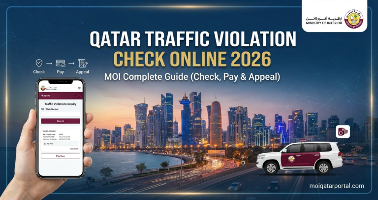 Alt text: Hand holding a smartphone displaying the Qatar Ministry of Interior traffic violation inquiry screen, set against a twilight Doha skyline with a Qatari police patrol vehicle and text overlay "Qatar Traffic Violation Check Online 2026".