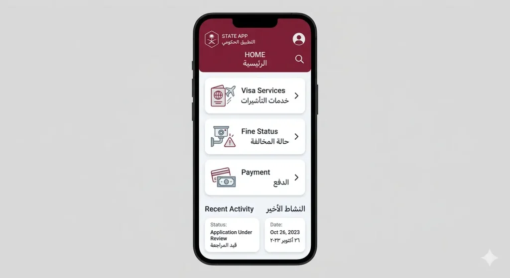 A clean flat illustration of a smartphone displaying a fictional government application interface. The UI features a maroon top bar with bilingual 'STATE APP' headings and a vertical layout of three white menu cards labeled 'Visa Services', 'Fine Status', and 'Payment' in both English and Arabic with simple vector icons.