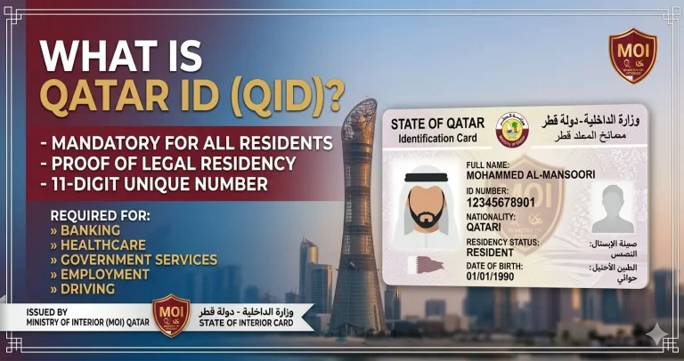 Infographic explaining the Qatar ID (QID), a mandatory residency card issued by the MOI for all residents, featuring a sample card and a list of its essential uses and requirement for qatar id status check online.