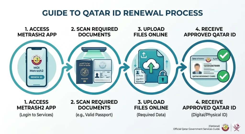A horizontal infographic titled "GUIDE TO QATAR ID RENEWAL PROCESS" detailing four clear steps, from accessing the Metrash2 app to receiving the approved ID, presented in a clean, modern teal and blue color scheme against a white background.