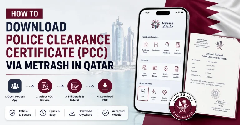 How to Download Police Clearance Certificate (PCC) via Metrash in Qatar – step-by-step infographic showing smartphone app interface, PCC document, and process flow.