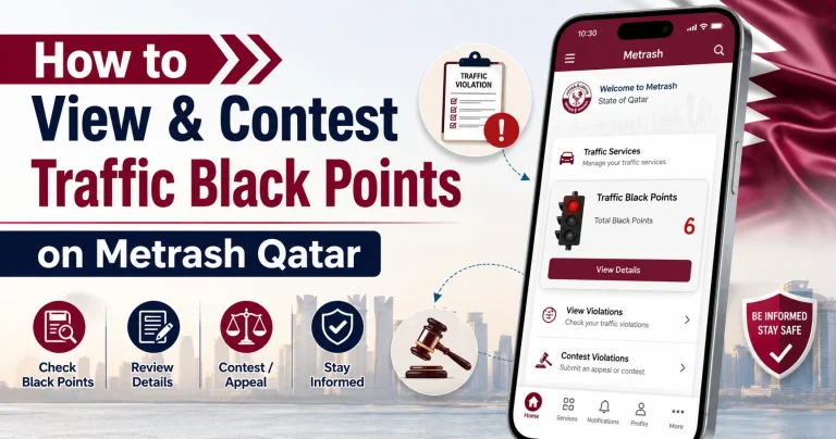 traffic black points on Metrash Qatar app showing how to check, view violations, and contest black points online in Qatar 2026.