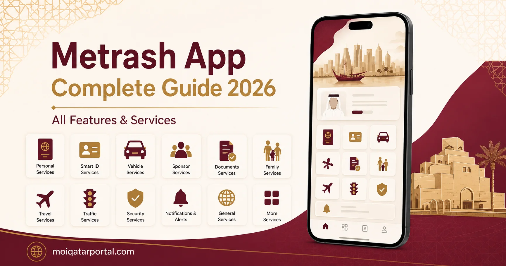 Metrash App Complete Guide 2026 featured image showing a modern smartphone with a government services app interface, Qatar-inspired geometric patterns, maroon and gold color scheme, and moiqatarportal.com branding.