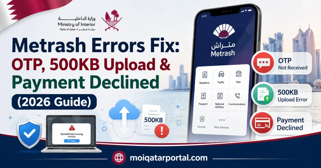 Metrash Errors Fix troubleshooting guide banner for fixing OTP not received, 500KB document upload error, and payment declined issues on moiqatarportal.com.