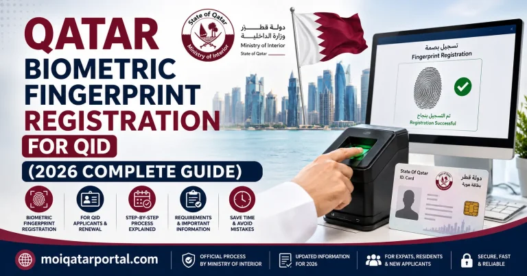 Qatar biometric fingerprint registration for QID 2026 infographic showing a resident placing a finger on a biometric scanner, Qatar ID card, Ministry of Interior branding, Qatar flag, and Doha skyline. The image highlights the biometric fingerprint registration process, QID application requirements, step-by-step guidance, and official registration information for expatriates and residents in Qatar.