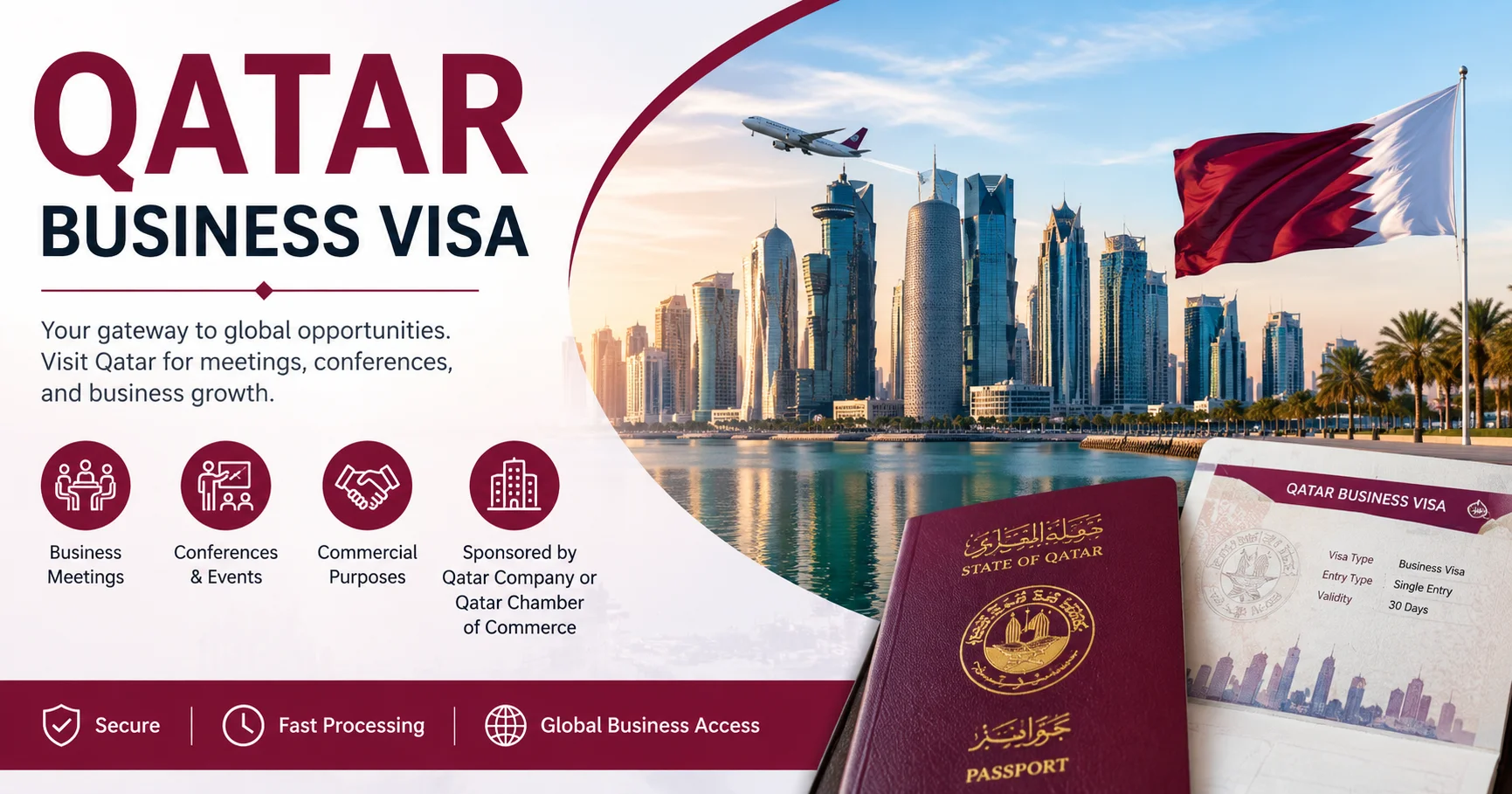 Qatar Business Visa banner featuring Doha skyline, Qatar passport, business visa document, and icons for meetings, conferences, and commercial travel.