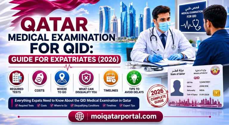 Qatar Medical Examination for QID guide banner featuring a doctor consulting an expatriate, Qatar skyline, QID card, medical test information, costs, timelines, eligibility requirements, and tips to avoid delays in 2026.