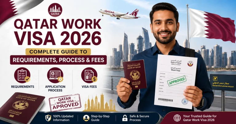 Qatar Work Visa 2026 guide banner showing a professional worker holding a Qatar passport and approved work visa document with Doha skyline, Qatar flag, visa requirements, application process, and visa fees information.