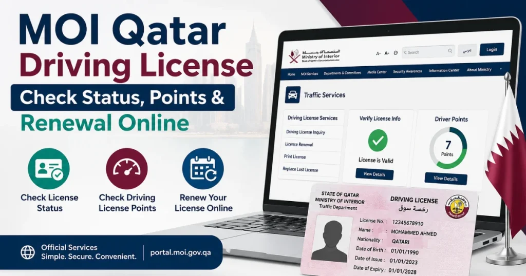 MOI Qatar driving license check status, points check, and driving licence renewal online guide
