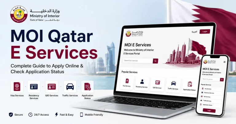 MOI Qatar E Services Portal illustration showing online visa, residency, QID, traffic, and application status services in Qatar.