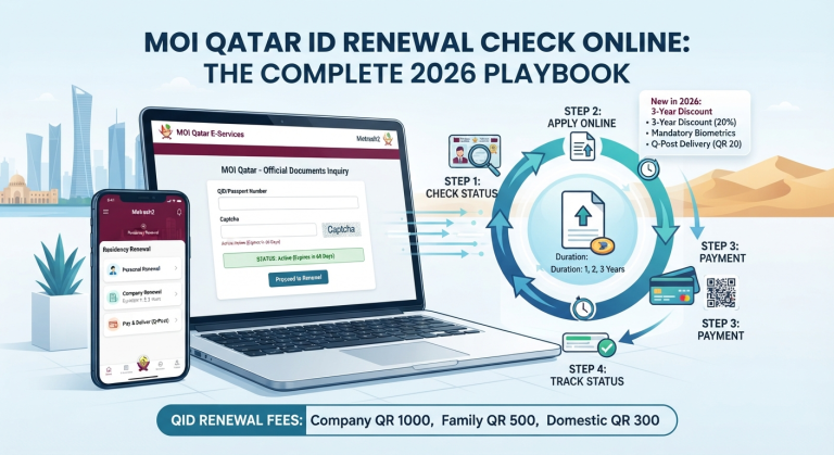 Qatar ID renewal check online 2026 step-by-step MOI portal guide with laptop, QID card, and Qatar skyline illustration.