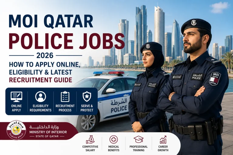 MOI Qatar Police Jobs 2026 hero image showing Qatar police officers, a police vehicle, and Doha skyline with information about MOI Qatar police online apply, eligibility, recruitment process, and career