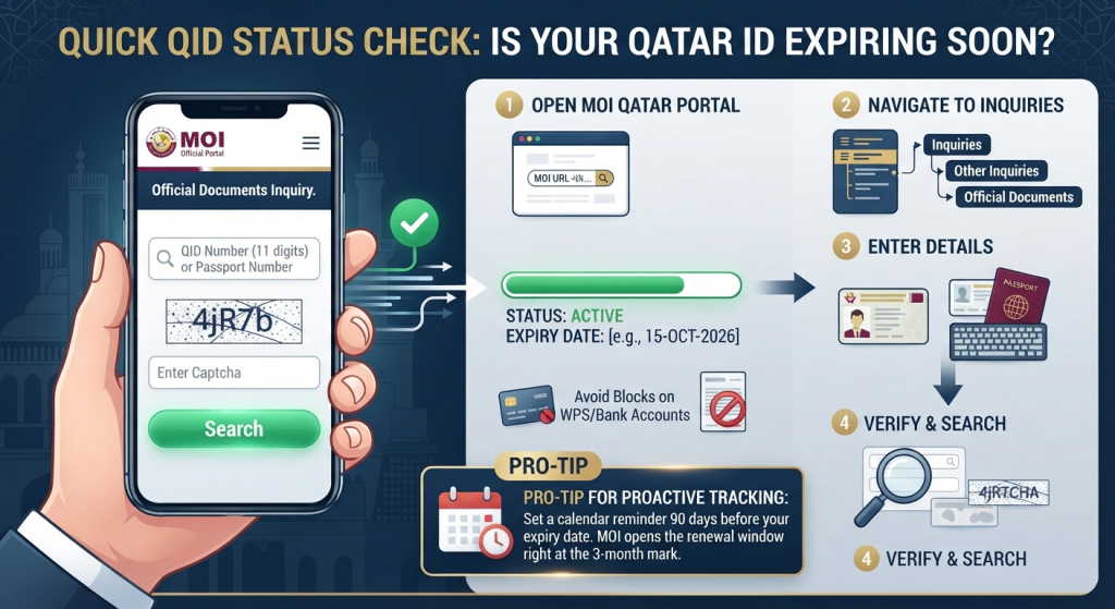 Qatar ID renewal check online status check on smartphone displaying MOI portal and QID expiry details.