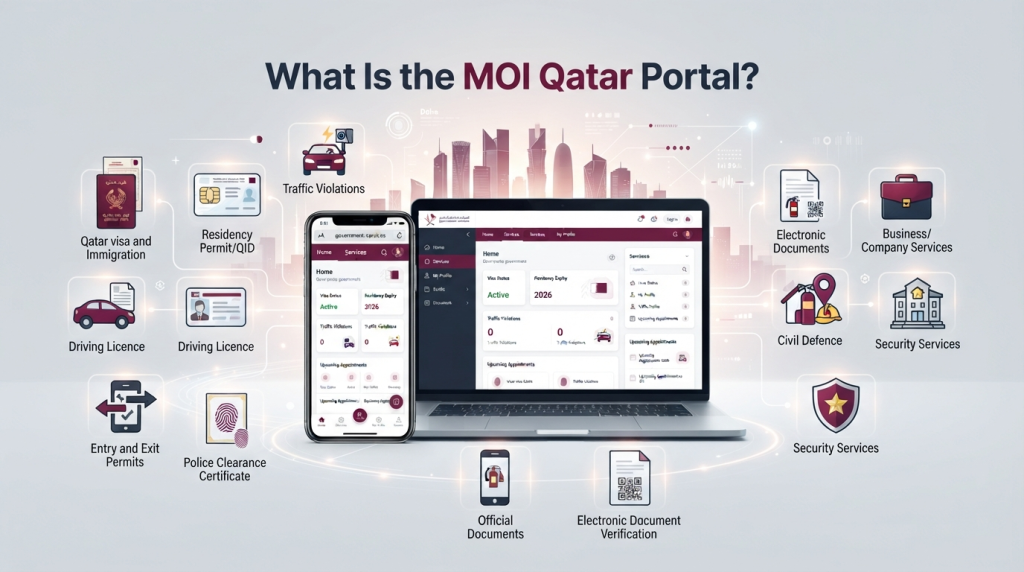 Premium editorial illustration for an independent article titled "What Is the MOI Qatar Portal?", featuring a modern laptop and smartphone displaying a generic government-services dashboard surrounded by floating service icons, set against a burgundy and charcoal background with the Doha skyline silhouette.