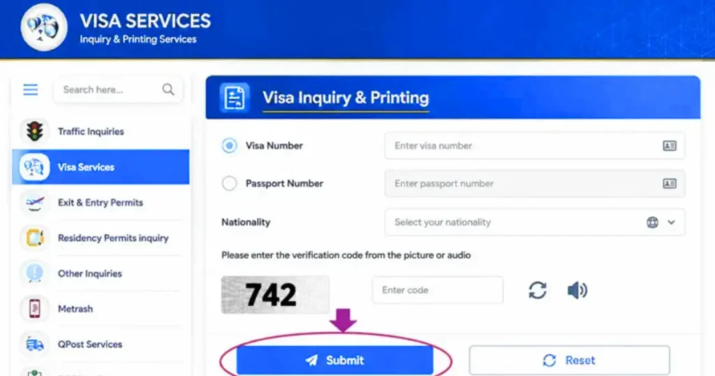 Screenshot of the MOI Qatar visa inquiry page highlighting the Submit button to check visa status.