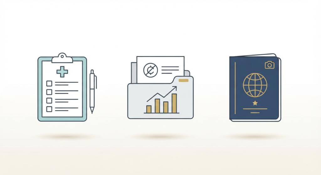 A set of three minimalist line-art icons arranged horizontally against a light, off-white background. From left to right: a clipboard with a medical checklist and a pen, a document folder containing a financial chart and a document, and a closed blue passport with gold globe and camera symbols.