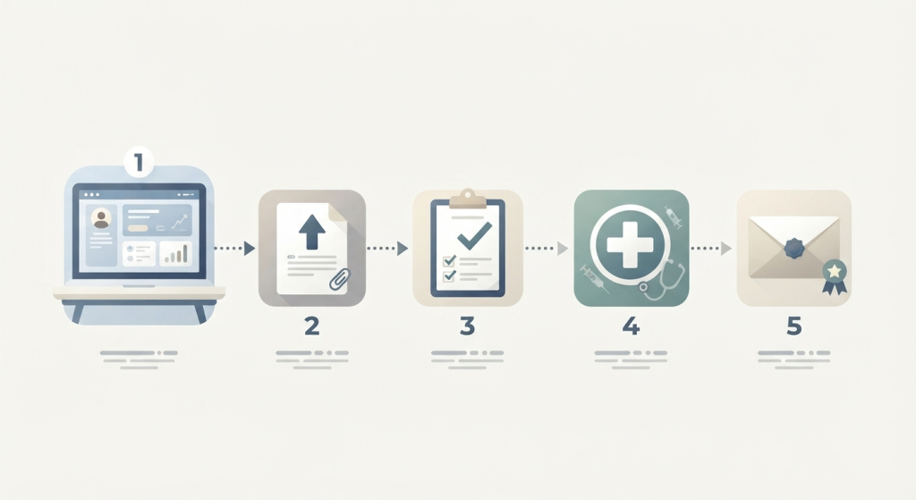 Infographic showing a step-by-step process flow for Qatar army jobs online application.