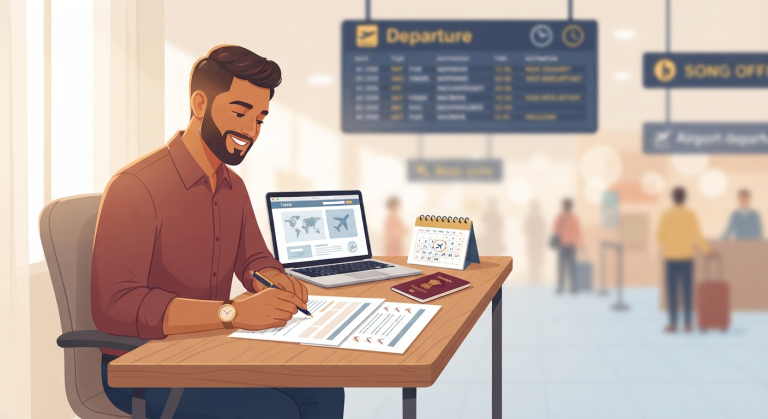 An illustration of a man with a beard, wearing a brown shirt, sitting at a desk, using a laptop with a world map on its screen, holding a pen, and looking at a document on the desk. The document is a visa application form for Qatar. Next to the document, there is a calendar and a passport. In the background, there is an airport departure board with the word "Departure" on it. This illustration is part of a step-by-step guide on how to reapply after a Qatar visa rejection.