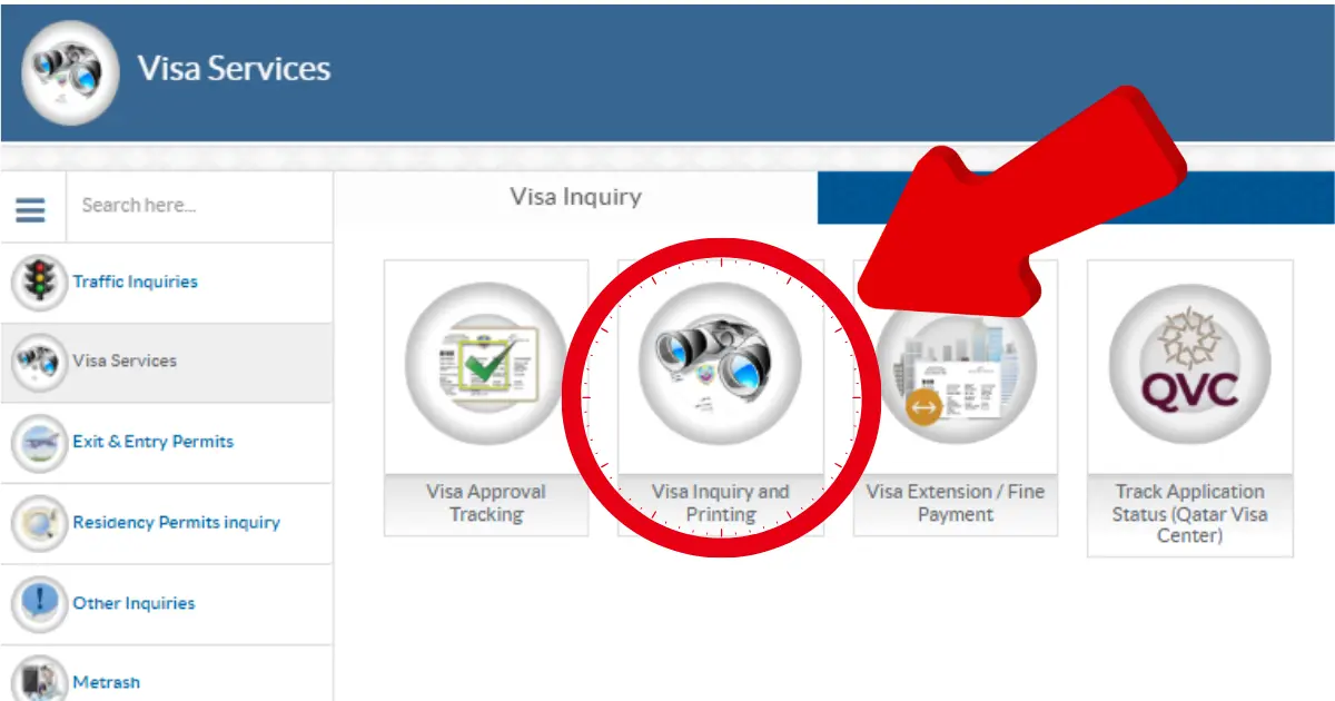 Screenshot of the MOI Qatar portal page with a highlighted red circle pointing to the Visa Inquiry and Printing option.