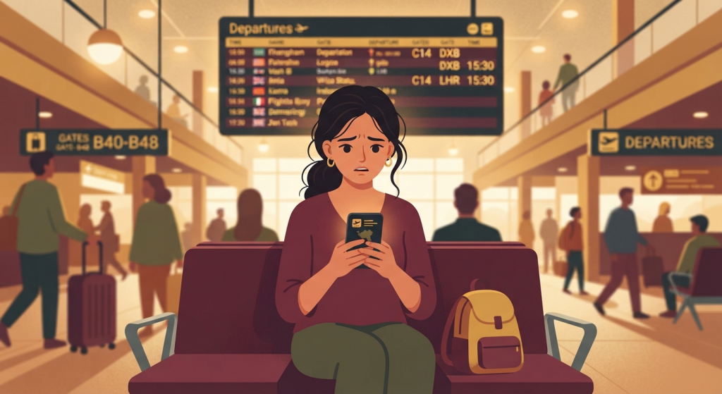 Flat-style editorial illustration of a worried South Asian traveler sitting in an airport terminal, holding a smartphone displaying text about Qatar visa rejection reasons, set against a warm gold and maroon color palette with blurred departure boards in the background.