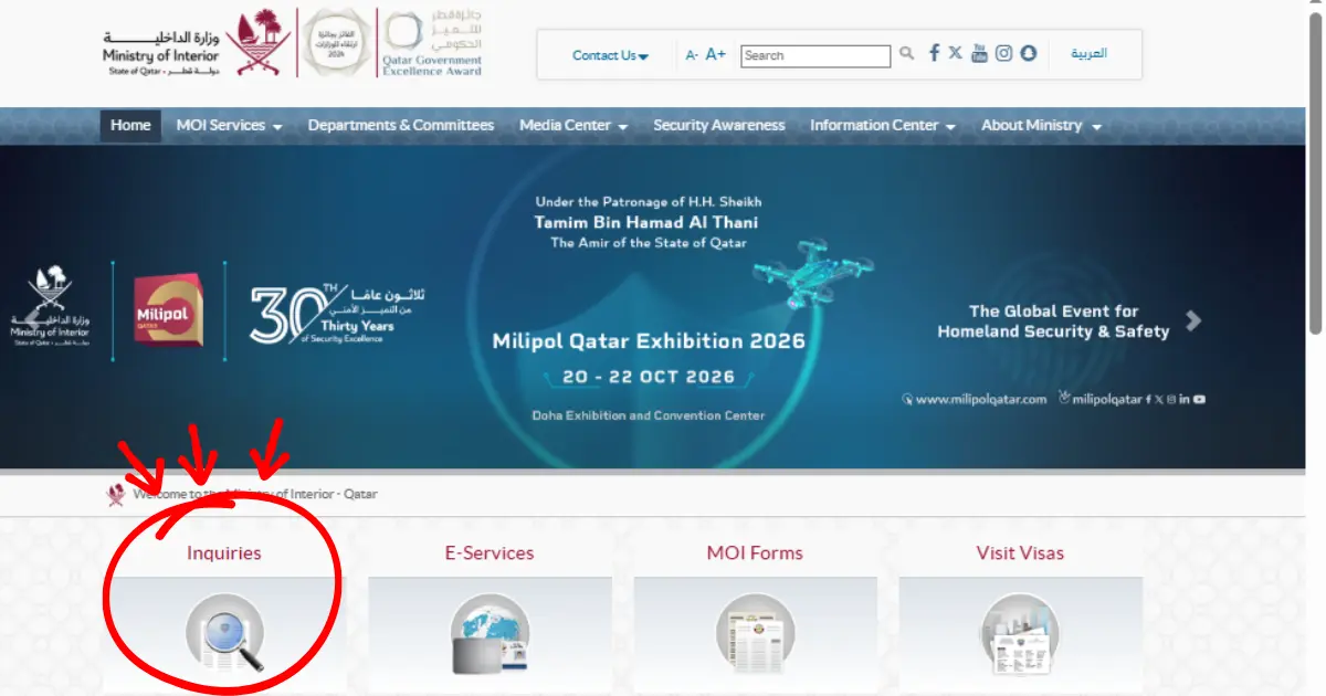 Screenshot of the MOI Qatar portal homepage with a highlighted icon for selecting Visa Inquiry and Printing services.