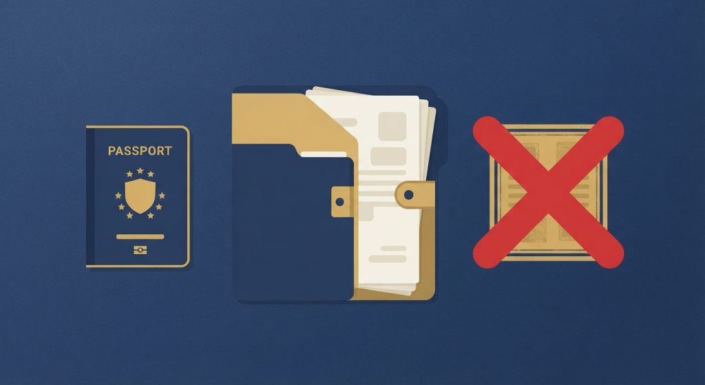 A flat vector illustration set against a solid blue background, featuring three icons in a horizontal row. From left to right: a closed, blue and gold passport; an open, blue and tan folder containing papers; and a golden, grid-like document marked with a large red "X".